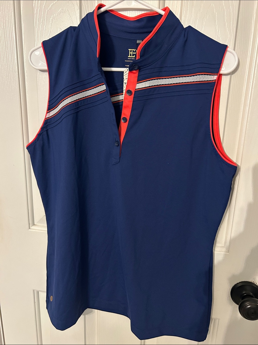 NWT Eden Park Navy Sleeveless Golf Polo with Red/Orange Trim